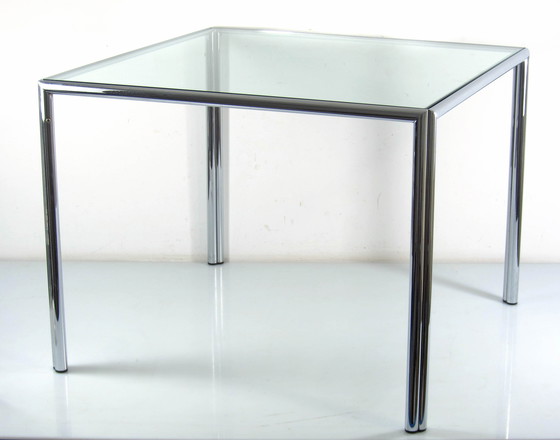 Image 1 of Tavolino da caffè vintage in vetro e cromo | Design modernista anni '60-'80 | 60 × 60 × 46,5 cm