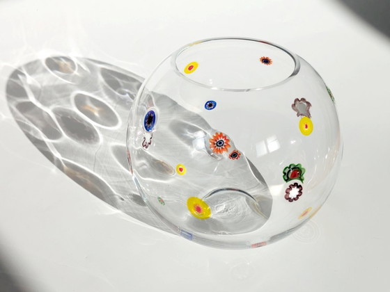 Image 1 of 1990s Leonardo Millefiori Ball Glass Vase, German Art Glass Murano Style Floral Inclusions