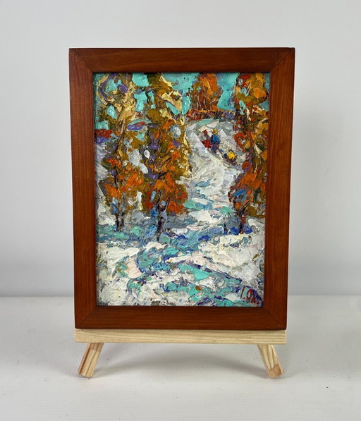 Original Oil Painting Winter Forest Landscape The first snow fell