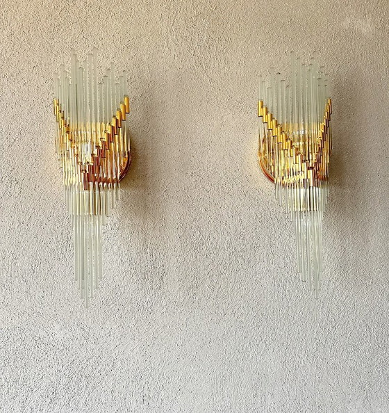 Vintage paar Venini wandlampen, Messing, Murano Glas, Gold (foto 12 van 13)