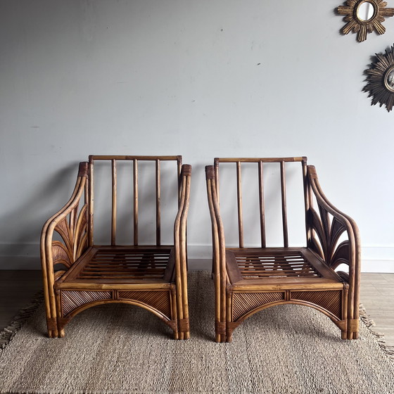 Image 1 of Lounge-Set mit Palmenblattmotiv, Sofa, 2 Sesseln und Tisch, Mid-Century-Stil