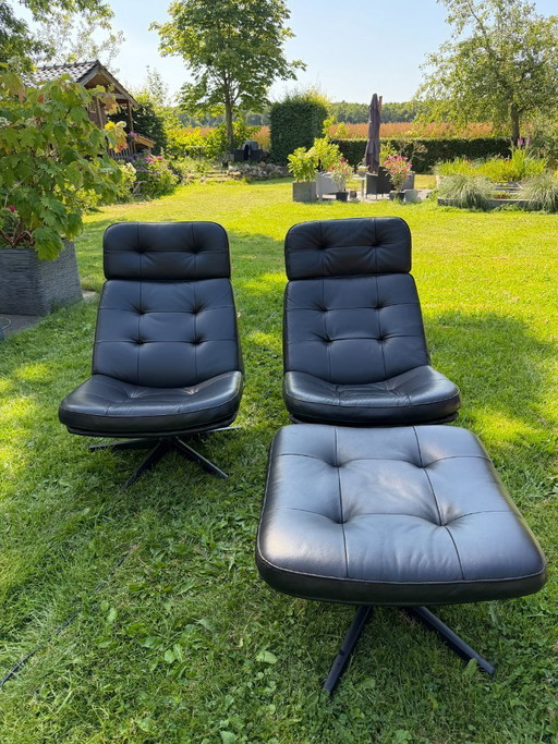 2 x Luxus-Drehsessel mit Liegefunktion aus echtem Leder und Fußhocker, schwarz