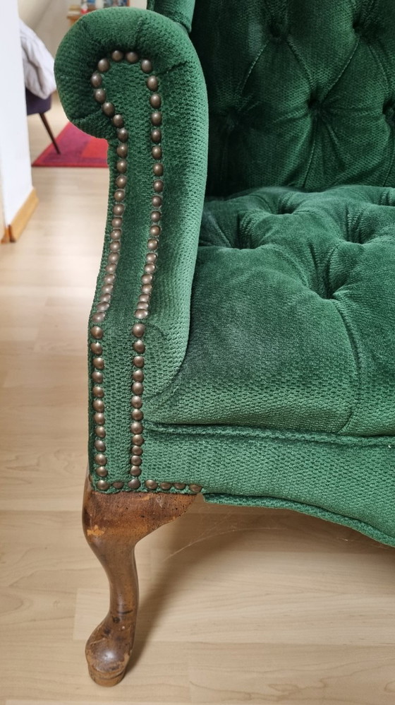 Vintage USA Fauteuils Velours Vert Émeraude – Chesterfield / Queen Anne – Velvet (photo 8 of 9)