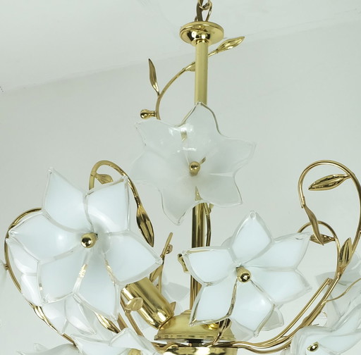 Vintage Murano Glass Flowers Chandelier White Flowers Gold Metal 1970S 80S Floral Light Fixture