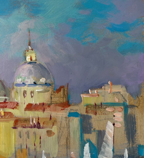 Image 1 of Original Oil Painting Summer City Landscape Bells over the river