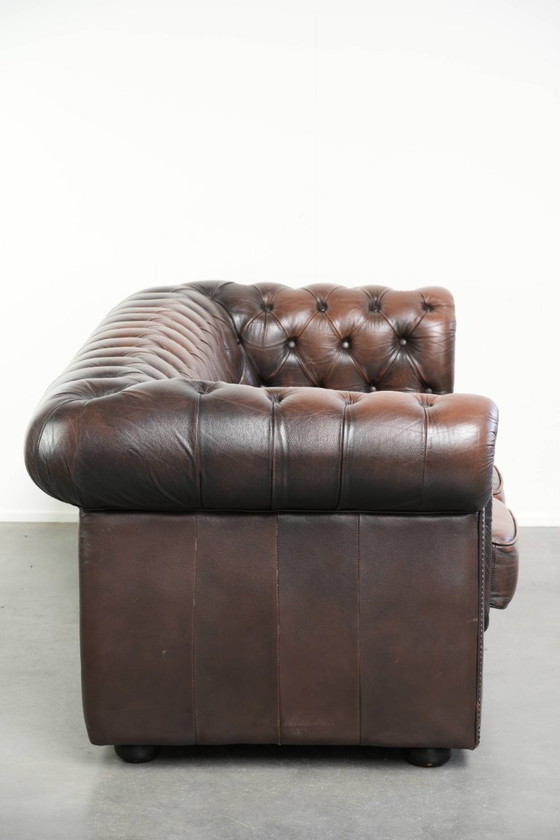 Image 1 of Sofá Chesterfield de 3 plazas de piel de vaca marrón, de estilo inglés, con hermosos detalles.