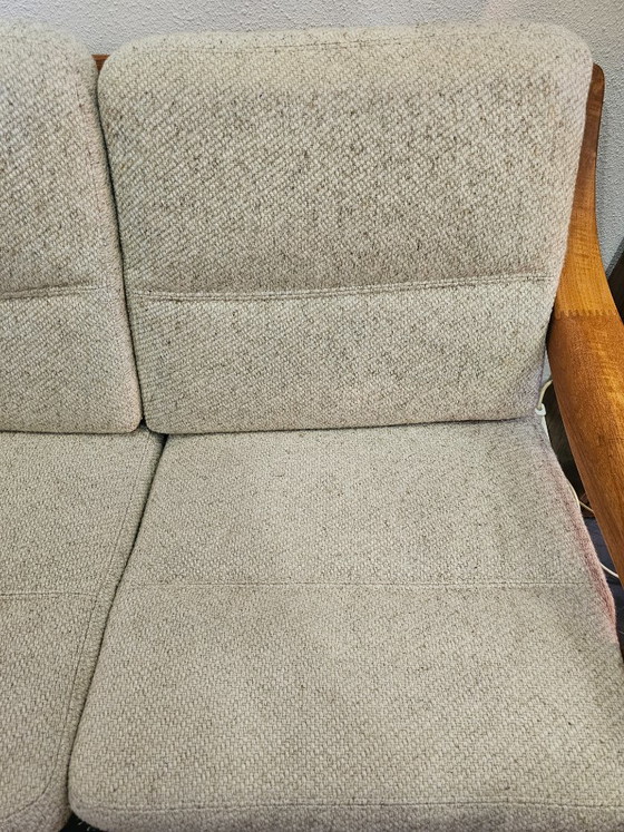 Mid Century Dänisches skandinavisches Dreisitzer-Sofa, 3-5 Sitzer Sofas, Holz, Stoff, Beige, Vintage (Foto 10 von 13)