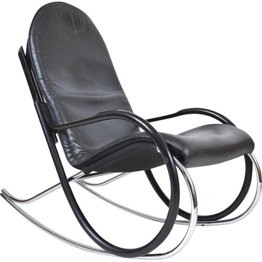 Sedia a dondolo vintage Nonna in legno curvato annerito e pelle di Paul Tuttle per Strässle International, Svizzera 1970
