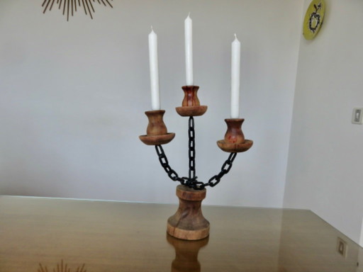 Brutalist candlestick, metal and wood, 1920s