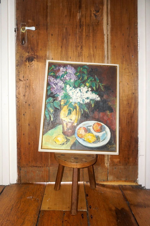oil still life painting with flowers and fruit * signed canvas floral artwork * framed vintage expressionist fruit bowl art * va