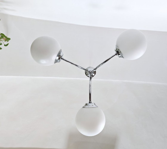Image 1 of Vintage 3-Light Opal Glass Ceiling Lamp / Mid Century Modern Chandelier / Space Age Sputnik Light | Chrome Pendant