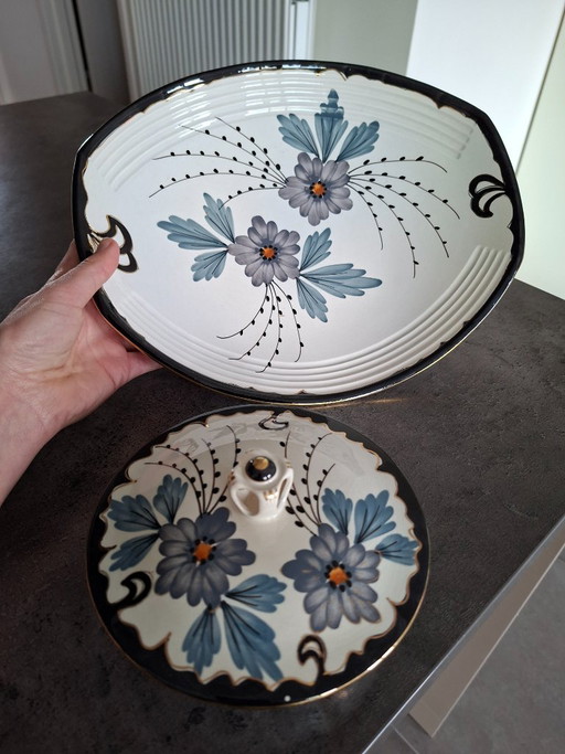 Bol décoratif Gouda Charme avec couvercle, beige avec motif floral