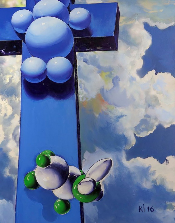 Peinture à l'Huile Originale Symbolisme Pop Art Informateur, Peintures et dessins, Toile, Bleu (photo 7 sur 7)