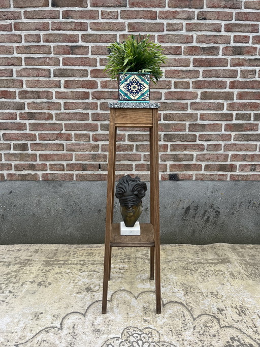 Vintage tall greyed oak plant column pedestal, base in sleek Amsterdam School style