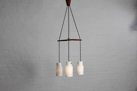 Drieflammige Deense plafondlamp teak vintage – Hanglampen, Wood, Glass, Scandinavian (photo 6 of 13)