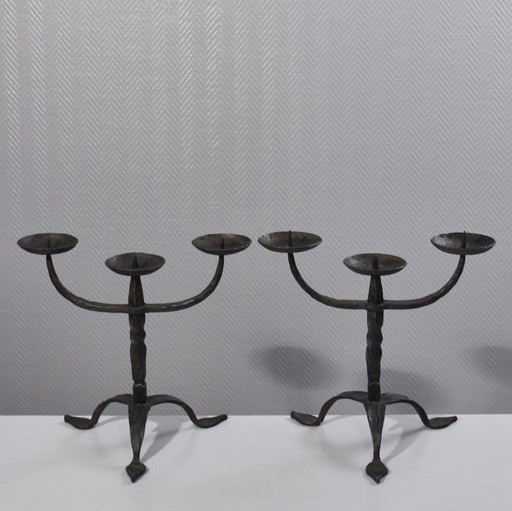 Pair of Pique Cierge Candelabre Wrought Iron Vintage Brutalist Design Circa 1950