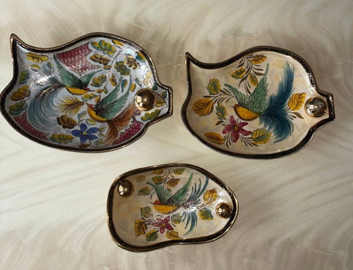 Juego de 3 cuencos de cerámica vintage H. Bequet Quaregnon Bélgica – Decoración de pájaros – Horst Janssen, glaskunst