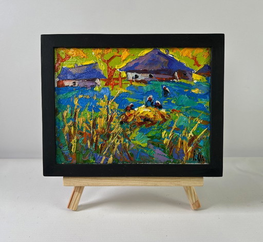 Original Oil Painting Evening Village Landscape Golden Harvest