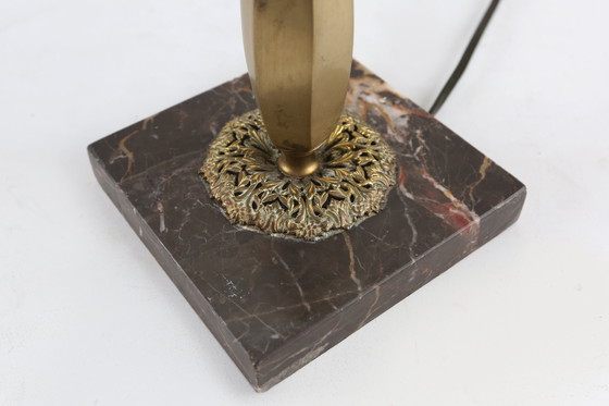 Image 1 of Art Nouveau tafellamp met messing en marmeren voet en glazen kap, jaren 1920