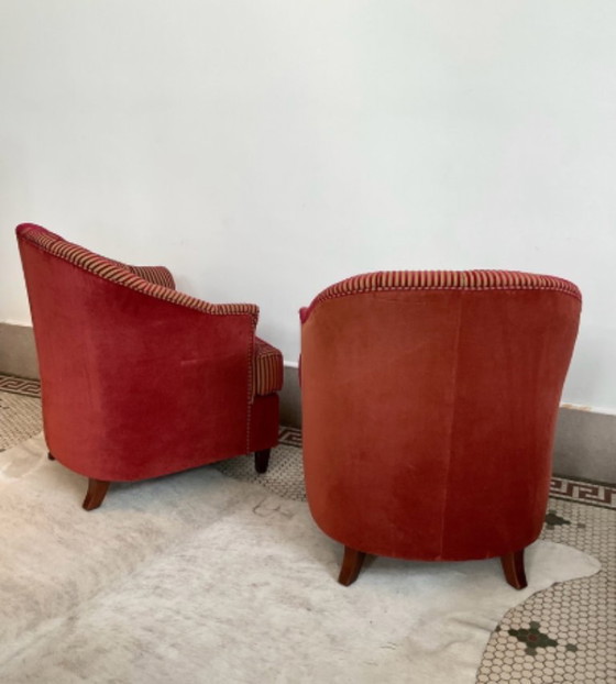 Image 1 of Ensemble de 6 fauteuils en velours + 2 poufs ovales