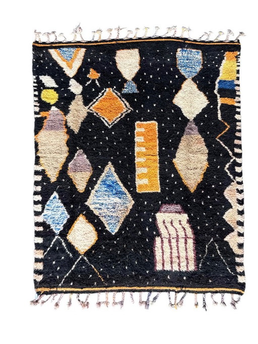 Tapis berbère marocain en laine noire 200x280 cm- tapis tribal abstrait noir