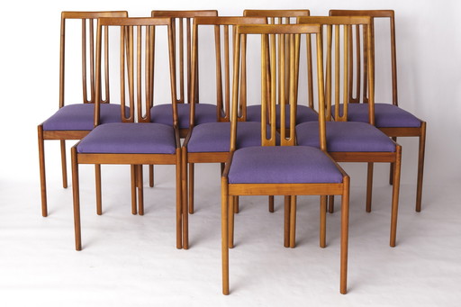 Ensemble de 8 chaises vintage par Lübke - 1960-70s Bois de hêtre et tapisserie textile violette