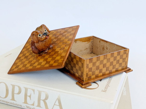 Image 1 of Midcentury Handmade Wooden Trinket Box, Dog Figurine Lid Checkered Pattern, Quirky Decor