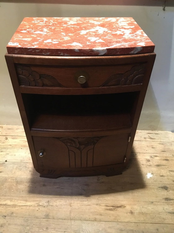 Solid oak bedside table with brown and white marble. – Nightstands, Art Deco (photo 8 of 8)