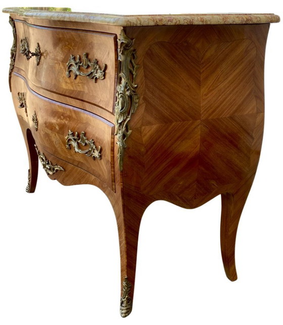 Image 1 of Louis XV style chest of drawers in marquetry and veined marble