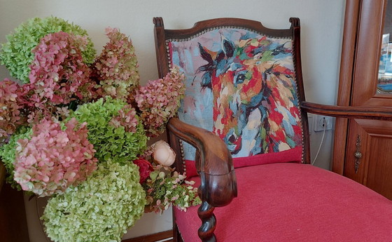 Image 1 of Refurbished Colonial-Style Armchair with Horse Tapestry