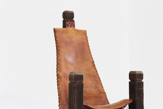 Image 1 of Vintage Brutalist tripod chair leather and wood