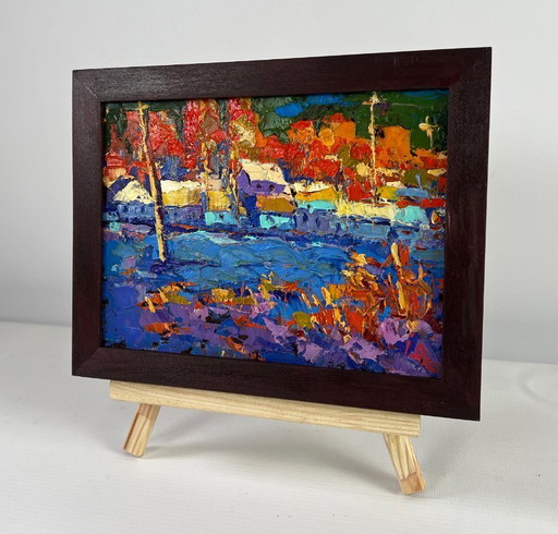 Original Oil Painting Sunset Village Landscape The sun sets quietly in silence