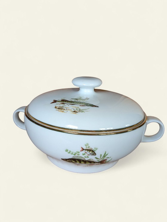 Image 1 of Rarità! Servizio vintage di porcellana con motivi di pesci e bordo dorato | Hutschenreuther, Selb, Eschenbach | Dipinto a mano