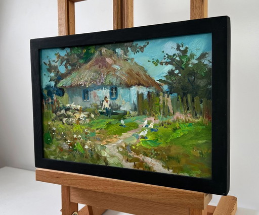 Original Oil Painting Summer Village Landscape Thoughts on the bench