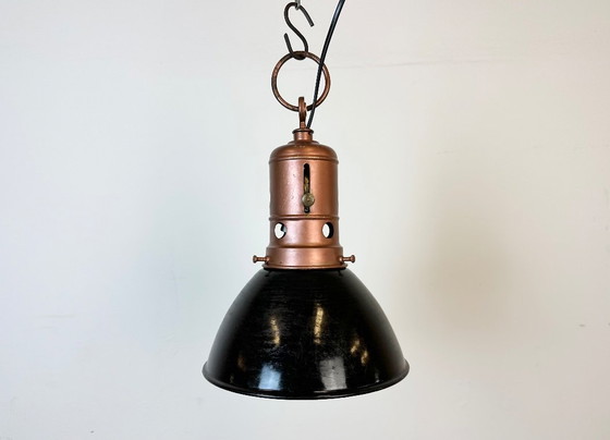 Image 1 of Industrial Italian Black Enamel Factory Lamp with Iron Top, 1950s