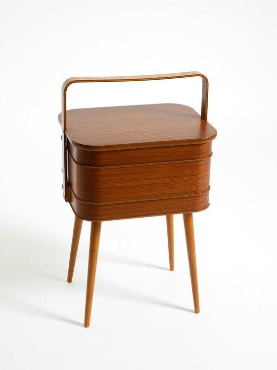 Image 1 of Beautiful original Mid Century teak sewing box with hinged compartments