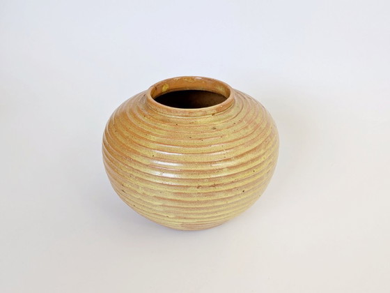 Image 1 of Vintage Studio Pottery Round Vase, Ribbed Golden Ochre Glaze, Artist Signed