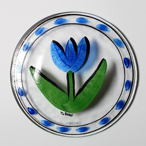 Kosta Boda Blue Tulip Glass Plate / Ulrica Hydman Vallien / Diseño Sueco / 1991 – tafelaccessoires (photo 2 of 6)