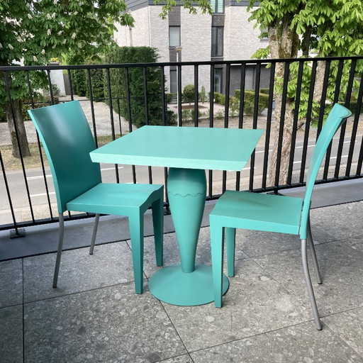 Kartell by Philippe Starck – Miss Balu tafel + 2 Miss Global stoelen – turkoois design set
