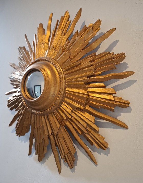 Image 1 of 46cm sun mirror in rare wood, 1950s version. Gold color.