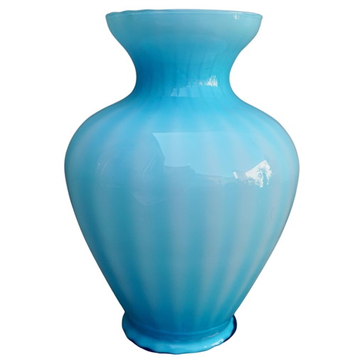 Mid Century Vintage Italiaanse Murano Glazen Vaas Aqua Blauw & Ivoor