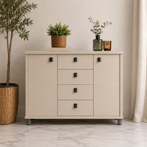 Moderner Japandi-Sideboard-Schrank in Beige – 2 Türen & 4 Schubladen