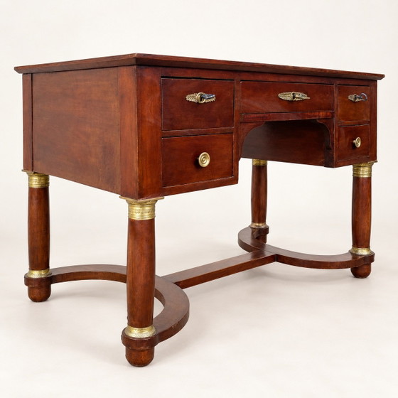 Flacher Schreibtisch im Empire-Stil aus Mahagoni – Leder, Holz (photo 5 of 9)
