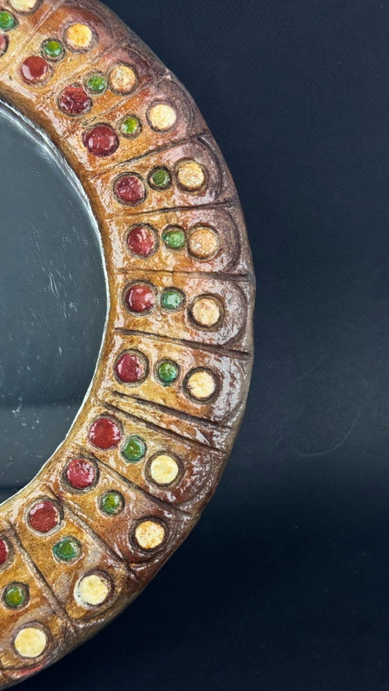 Image 1 of Round wall mirror in glazed ceramic, in the style of Roland Zobel (1915-2006)