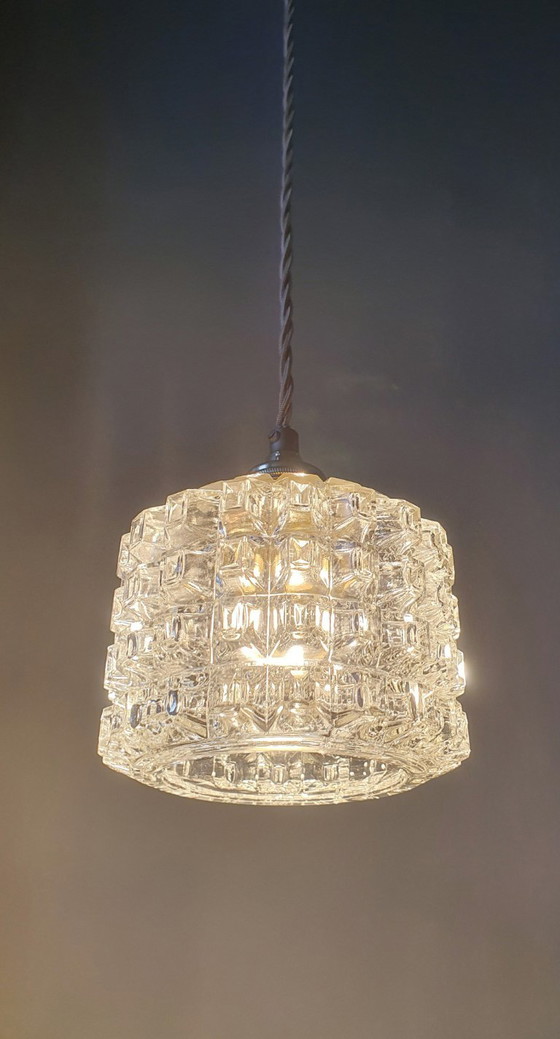 Image 1 of Mid-century vintage pendant lamp of thick, textured glass.