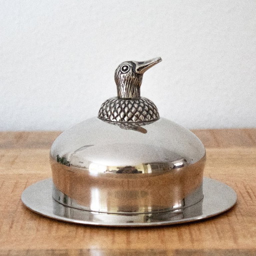 Vintage silver-plated butter dish with duck head: Swedish design