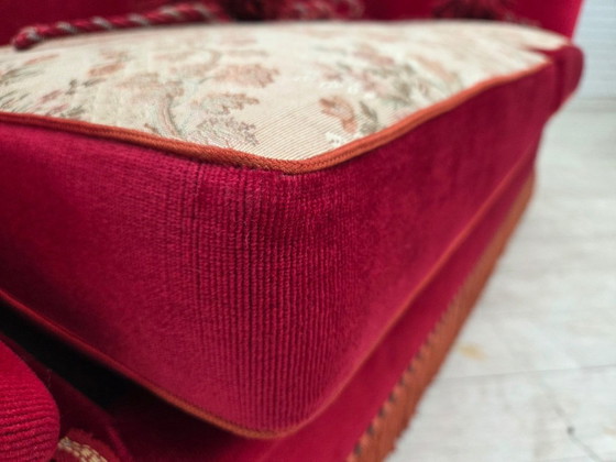 1970s, Danish 2-seater "Spanish" drop arm sofa, furniture velour., 2 seaters, Velvet, Wood, Red (photo 15 of 23)
