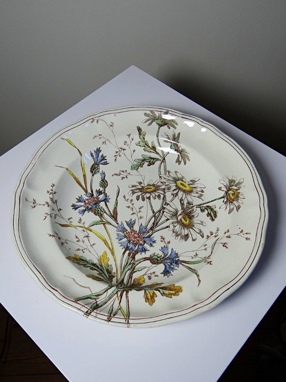 Image 1 of Antique Longchamp deep dish with polychrome ironstone daisies