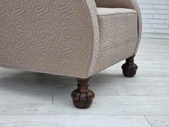 Image 1 of 1950s Danish Art Deco Armchair, Quality Beige Furniture Wool, Oak Wood Legs