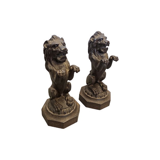Image 1 of Victorian cast-iron lions on pedestals, late 19th century